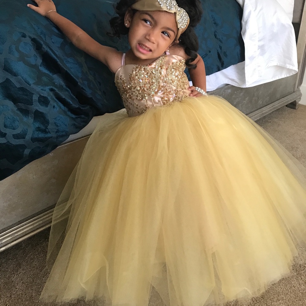 Gold beaded tulle dress for children